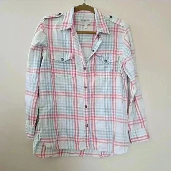 Current Elliott Blue Plaid Long Sleeve Button Up Top Size 2 Small - Picture 2 of 10